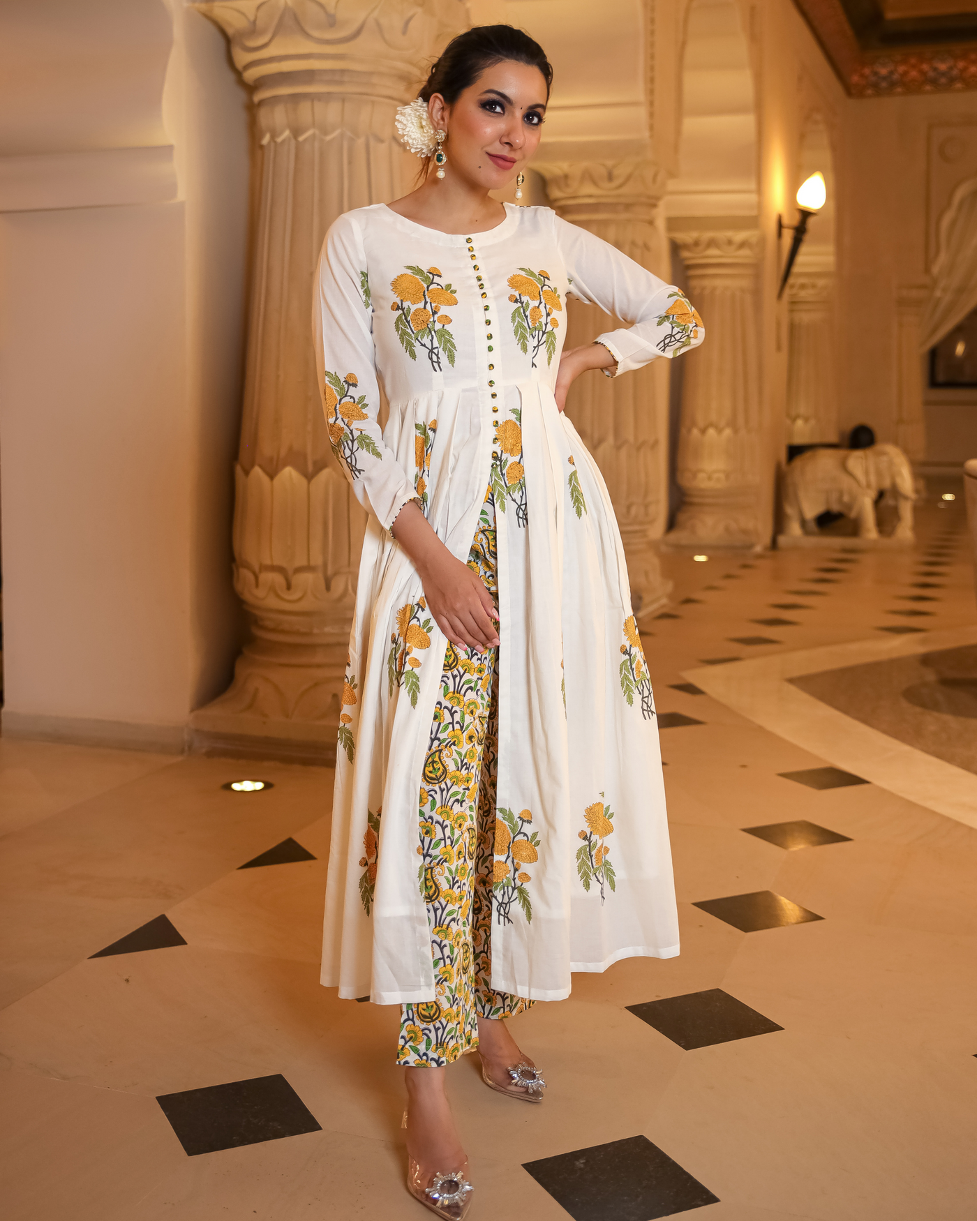 Musky White Handblock Kurta Set