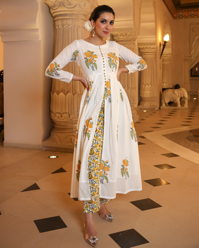 Musky White Handblock Kurta Set