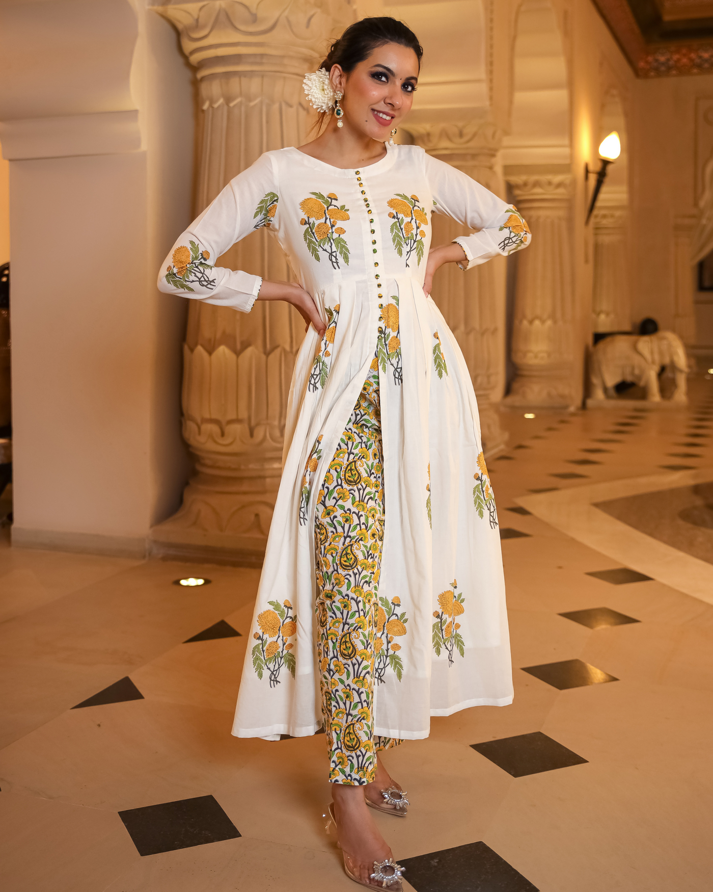 Musky White Handblock Kurta Set