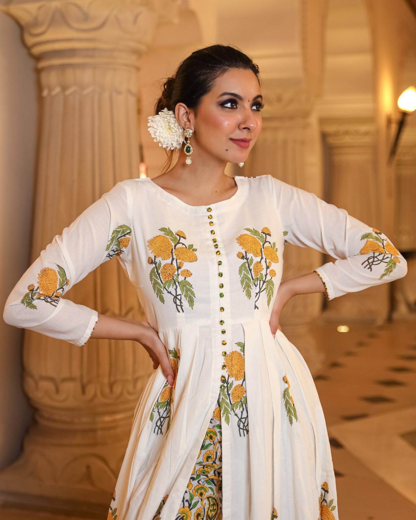 Musky White Handblock Kurta Set