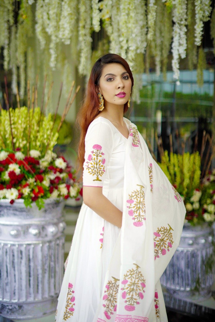White Mehrab Handblock Suit Set