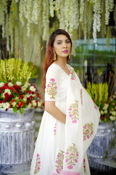 White Mehrab Handblock Suit Set