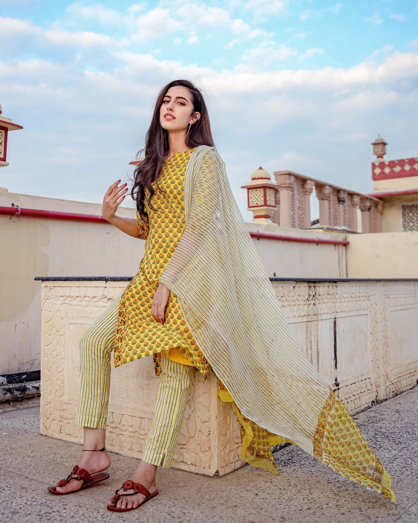 Lemon Floral Handblock Cotton Suit