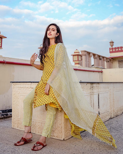 Lemon Floral Handblock Cotton Suit