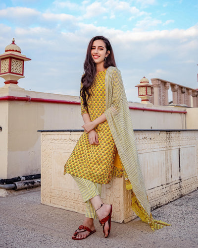 Lemon Floral Handblock Cotton Suit