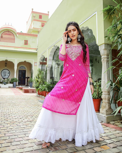 Pink Leheriya Ghaghra Kurti Set