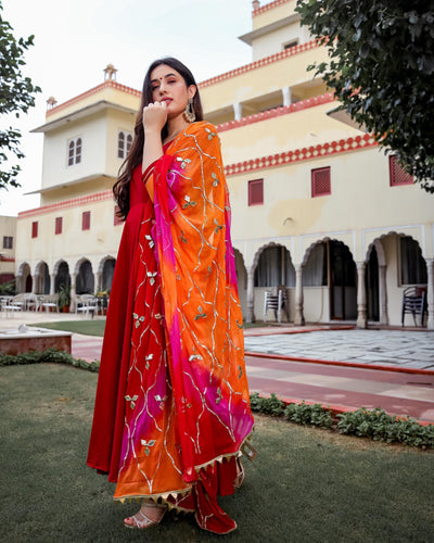 Pure Chanderi Hand Gota Patti Suit With Bandhej Silk Dupatta – thecotlin