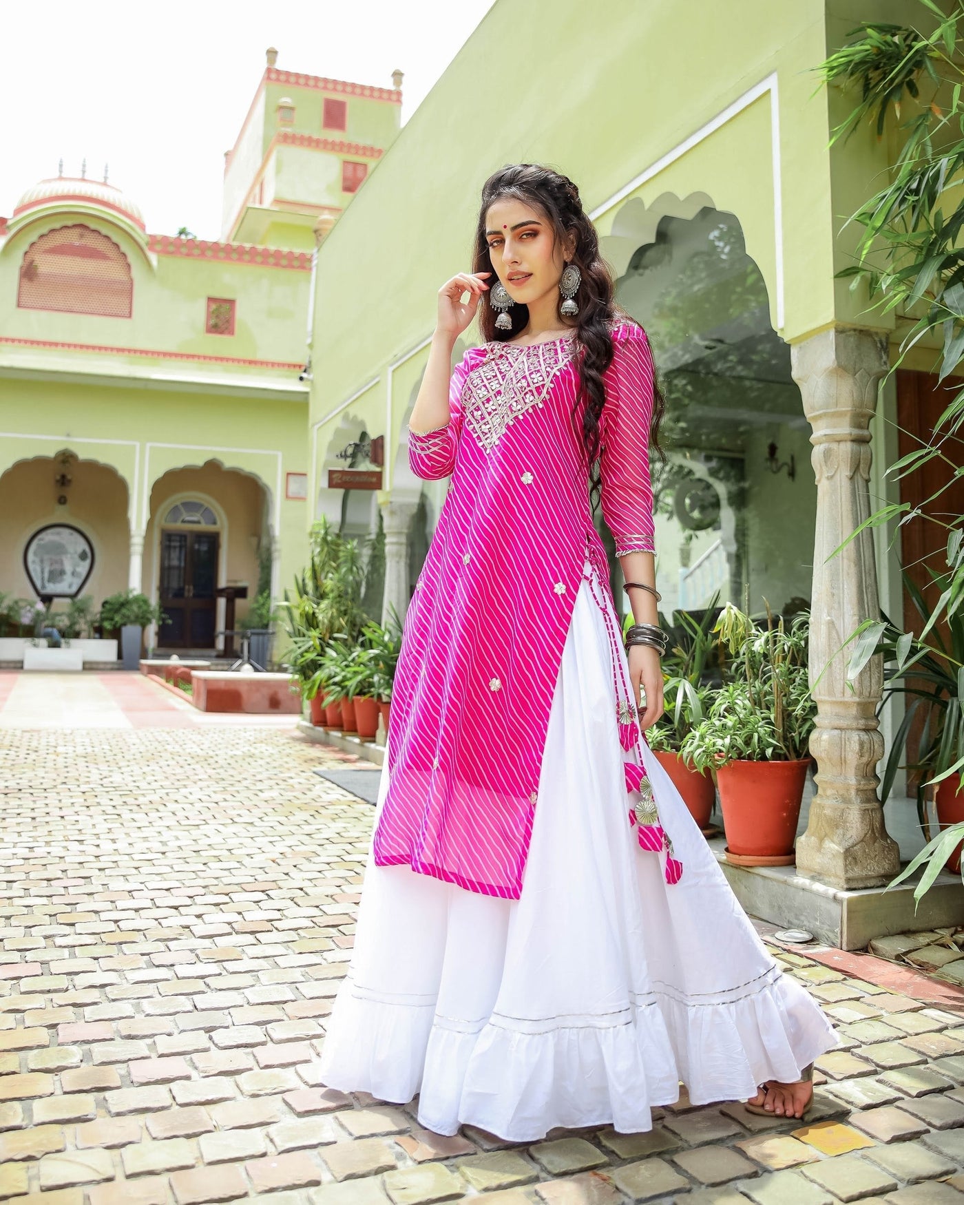 Pink Leheriya Ghaghra Kurti Set