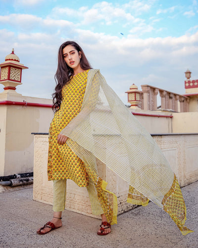 Lemon Floral Handblock Cotton Suit
