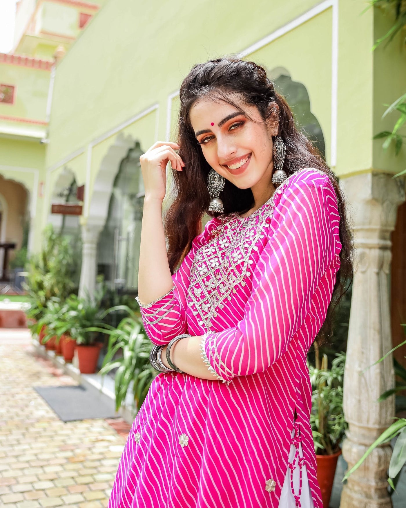 Pink Leheriya Ghaghra Kurti Set