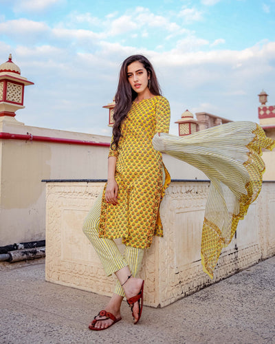 Lemon Floral Handblock Cotton Suit