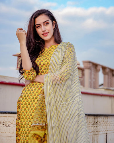Lemon Floral Handblock Cotton Suit