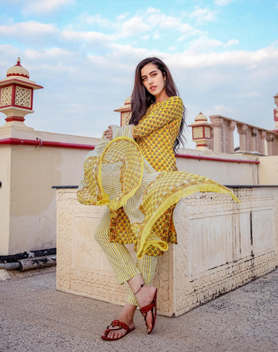 Lemon Floral Handblock Cotton Suit