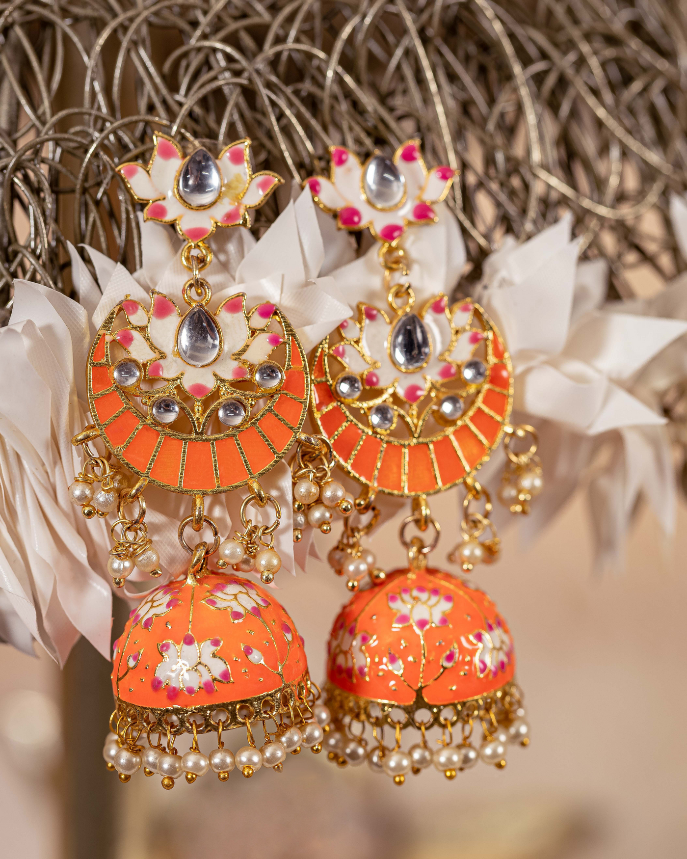 Orange & White Handcrafted Brass Earrings